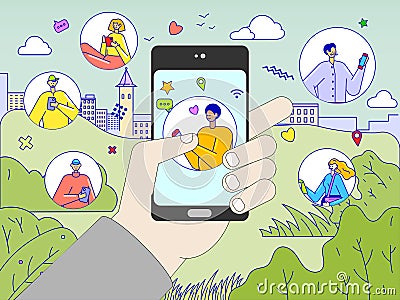Social networks for communication and association of people. Banner with character of men and women. Vector Illustration