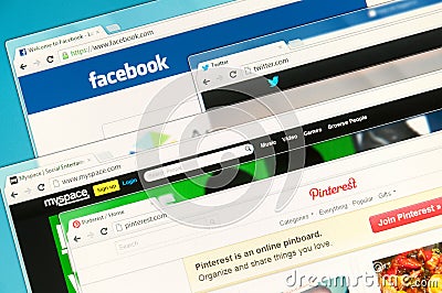 Social networks on a computer screen. Facebook, Twitter, Myspace and Pinterest Editorial Stock Photo