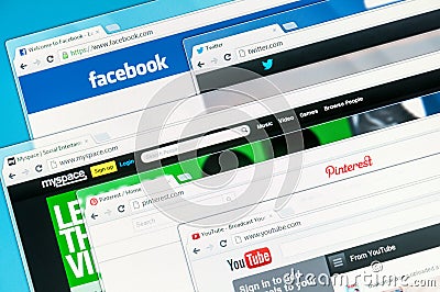Social networks on a computer screen. Facebook, Twitter, Myspace, Youtube and Pinterest Editorial Stock Photo