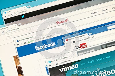 Social networks on a computer screen. Facebook, Twitter, Vimeo, Youtube and Pinterest Editorial Stock Photo