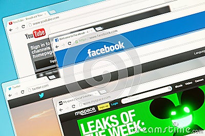 Social networks on a computer screen. Facebook, Twitter, Youtube and Myspace Editorial Stock Photo