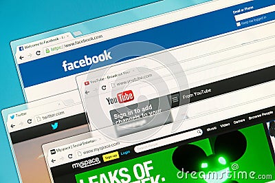 Social networks on a computer screen. Facebook, Twitter, YouTube and Myspace Editorial Stock Photo