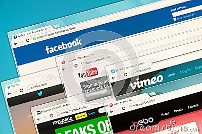 Social networks on a computer screen. Facebook, Twitter, YouTube, Vimeo, Bebo and Myspace Editorial Stock Photo