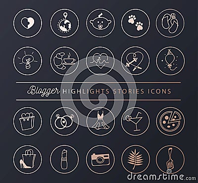 Social networks icons set for stories highlights in chic style. Blogger lifestyle icon collection. Vector illustration Vector Illustration