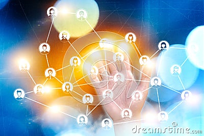 Social networks, online friendships, people contacts, followers. HUD, holograms. Internet connections. Stock Photo