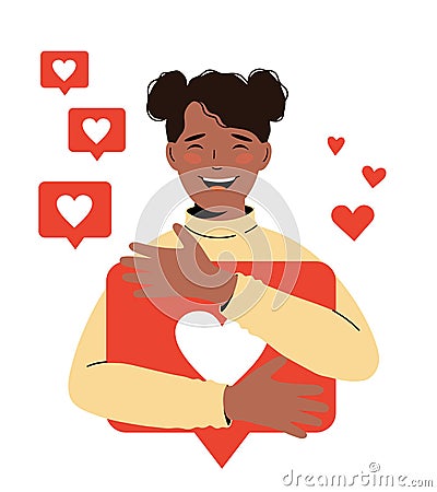 Social networks, promotion, SMM concept. African-American cute blogger girl received a lot of likes Vector Illustration