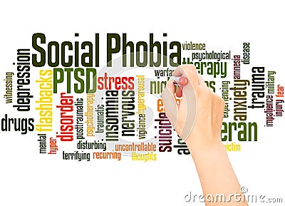Social phobia and PTSD word cloud hand writing concept Stock Photo