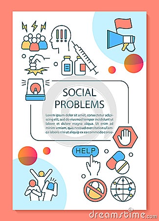 Social problems poster template layout. Social disorganization, conflicts, crimes. Banner, booklet, leaflet design with Vector Illustration