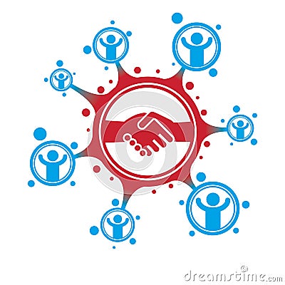 Social Relations conceptual logo, unique vector symbol. Hands contacting and Handshake sign, social deal. Vector Illustration