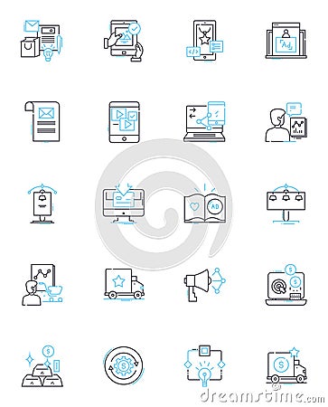 Social research linear icons set. Sampling, Surveys, Questionnaires, Focus groups, Observations, Experiments, Data line Vector Illustration