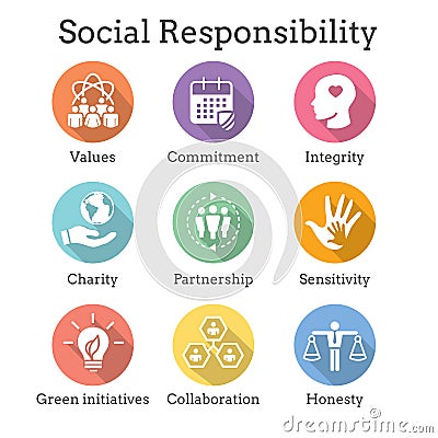 Social Responsibility Solid Icon Set w Honesty, integrity, & col Vector Illustration