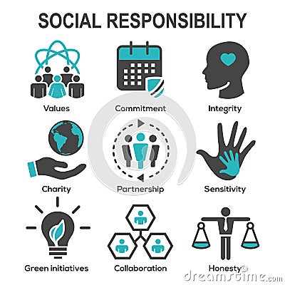 Social Responsibility Solid Icon Set w Honesty, integrity, & col Vector Illustration