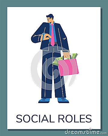 Social roles cartoon poster, businessman with a lot of money, breadwinner, employment earnings vector gender stereotypes Vector Illustration