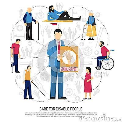 Social Support For Disabled People Composition Vector Illustration