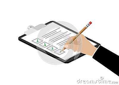 Social survey for rating. Feedback concept. Hand of businessman holding pen put check mark Vector Illustration