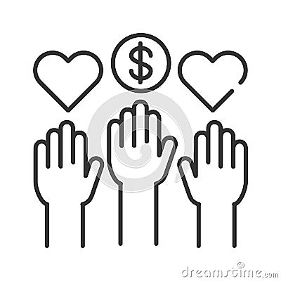 Social volunteering black line icon. Volunteer hands. Non profit community. Charity, humanitarian aid concept. Sign for web page, Stock Photo