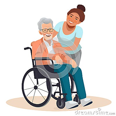 Social Volunteering concept with a young black woman taking an elderly man for a walk in a wheelchair in a park colored Stock Photo