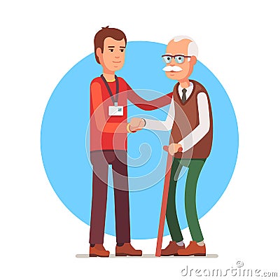 Social worker helping elder grey haired man Vector Illustration