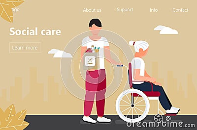 Social worker is taking care about senior woman. Support disable people concept vector in flat style for landing page. Volunteer, Stock Photo