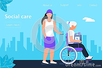 Social worker is taking care about senior woman. Support disable people concept vector in flat style for landing page. Volunteer, Stock Photo