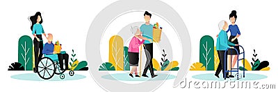 Social workers taking care about seniors people. Vector flat cartoon illustration. Volunteer people help elderly people Vector Illustration