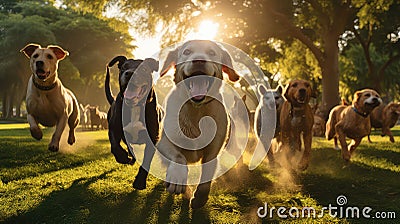 socialization dogs playing in park Cartoon Illustration
