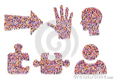 Society icons. People crowd forming community direction arrow, helpful hand and team head. Person and jigsaw puzzle Vector Illustration