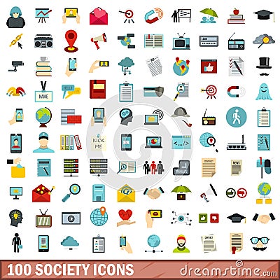 100 society icons set, flat style Vector Illustration