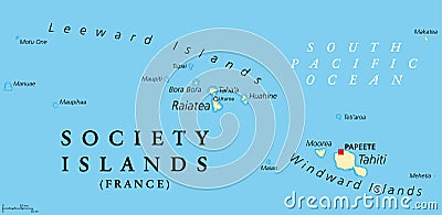 Society Islands, island group in French Polynesia, political map Vector Illustration