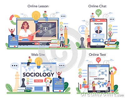 Sociology school subject online service or platform set. Students Vector Illustration