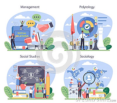 Sociology school subject set. Students studying society, pattern Vector Illustration