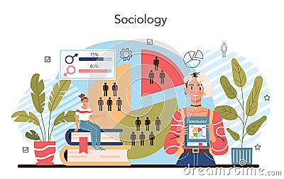 Sociology school subject. Students studying society, pattern of social Vector Illustration