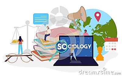 sociology studies concept people around laptop scale book speaker location pointer earth chess calendar spectacles with Vector Illustration