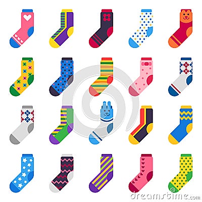 Sock icon. Sport long socks, kids feet clothes and striped warm hosiery isolated vector flat set Vector Illustration