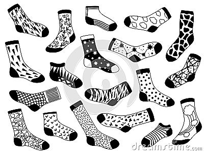 Sock sketch. Hand drawn long and short trendy socks with stars, lines and clouds. Outline stylish underwear. Warm cozy Vector Illustration