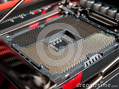 Socket connector with contacts for connecting a CPU, a central processing unit, selecting and upgrading a computer for work Stock Photo