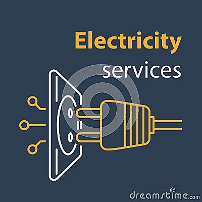 Socket and plug connecting, electricity services, electrical outlet, repair and maintenance, line illustration Vector Illustration