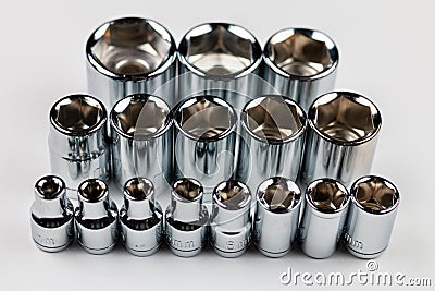 Socket set in metric sizes on white background Stock Photo