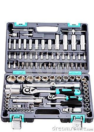 Socket wrench toolbox on white background. Socket spanner wrench. Kit socket wrench tools. Auto repair shops Stock Photo