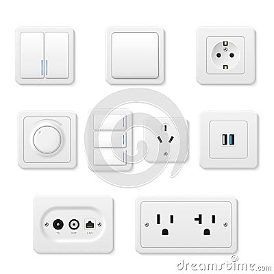 Sockets light switches outfits different design realistic set. Electrical supplies panels Cartoon Illustration