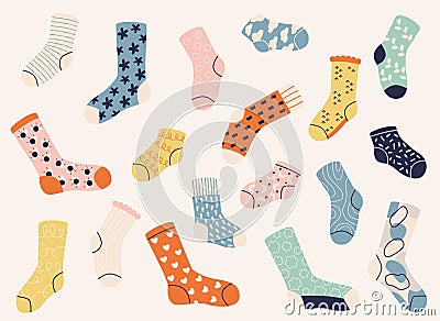 Socks collection. Warm winter woolen foot wear, funny fashion knitted cotton dotted socks, trendy fashion doodle textile Vector Illustration