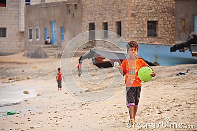 Socotra, Yemen, March 9, 2015 Yemen`s children are playing on the beach. Editorial Stock Photo