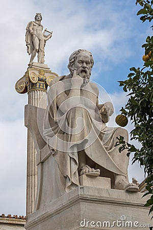 Socrates and Apollo statues in front of Academy of Athens, Greece Stock Photo