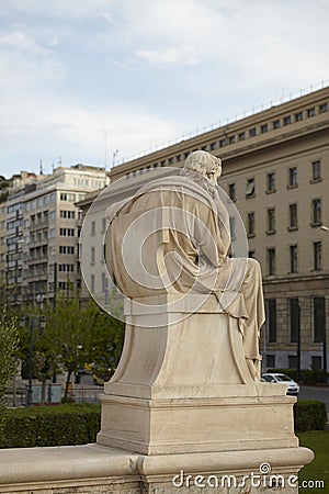 Socrates statue and Athens city Stock Photo