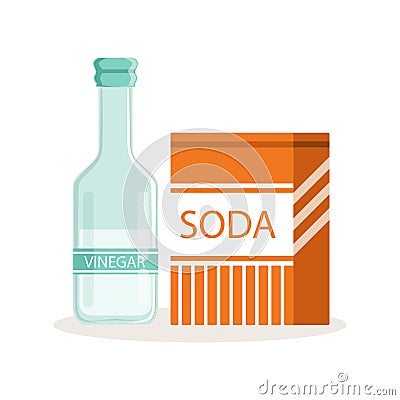 Soda in a craft paper bag and glass bottle of vinegar, baking ingredients vector Illustration Vector Illustration