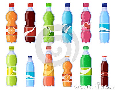 Soda drink bottles. Soft drinks in plastic bottle, sparkling soda and juice drink. Fizzy beverages isolated vector Vector Illustration