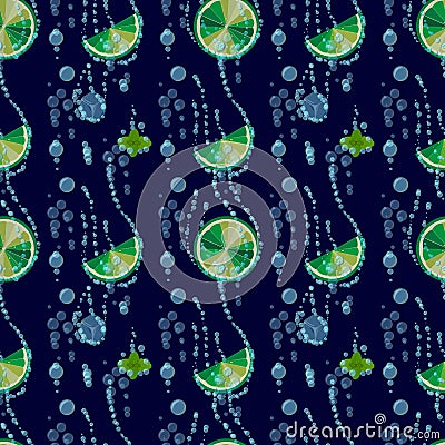 Soda drink. mojito print. seamless pattern with lime, ice cubes and mint leaves Bright citrus background. mojito from limes Stock Photo