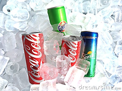 Soda pop soft drink slim cans on ice background. Editorial Stock Photo