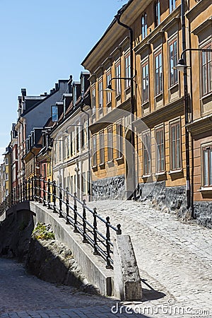 Sodermalm Stockholm: cobblestone street Editorial Stock Photo