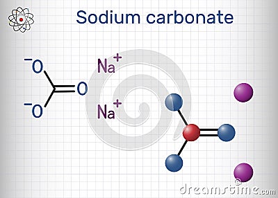Sodium carbonate, Na2CO3, natrium carbonate, washing soda, soda ash molecule. It is disodium salt of carbonic acid, is organic Vector Illustration